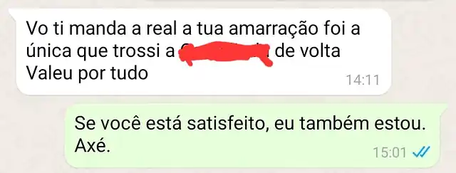 Cliente diz no WhatsApp que o adoçamento amoroso foi a única que trouxe a pessoa de volta