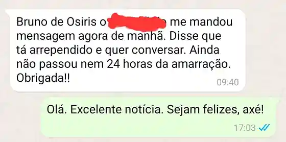Cliente conta no WhatsApp que a pessoa mandou mensagem arrependida antes de 24 horas do adoçamento